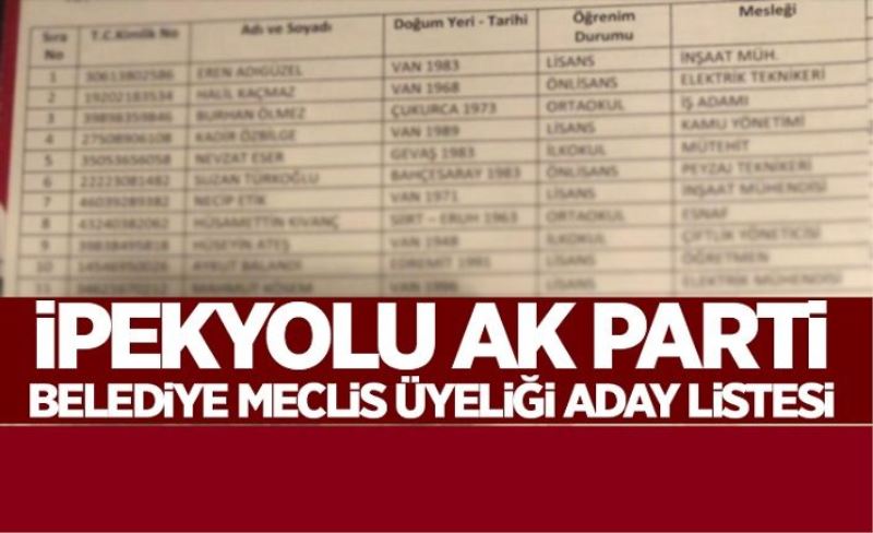 İpekyolu Ak Parti Belediye Meclis Üyeliği Aday Listesi