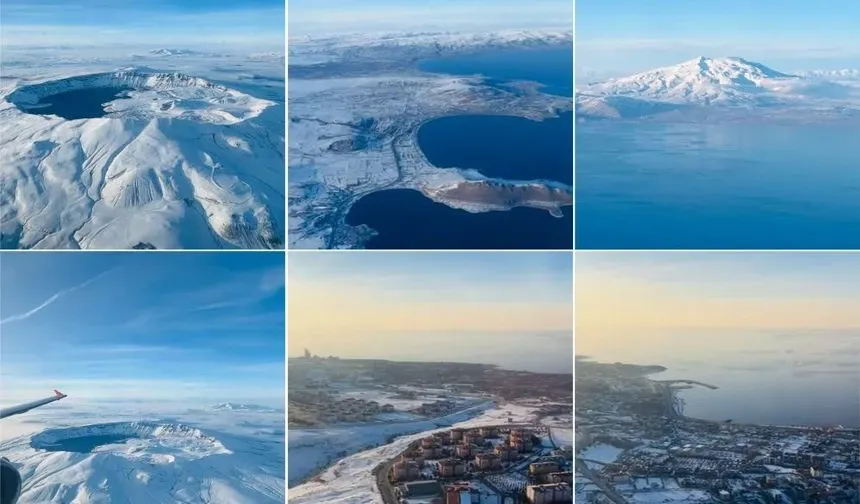 Beyaza bürünen Van Gölü Havzası havadan görüntülendi