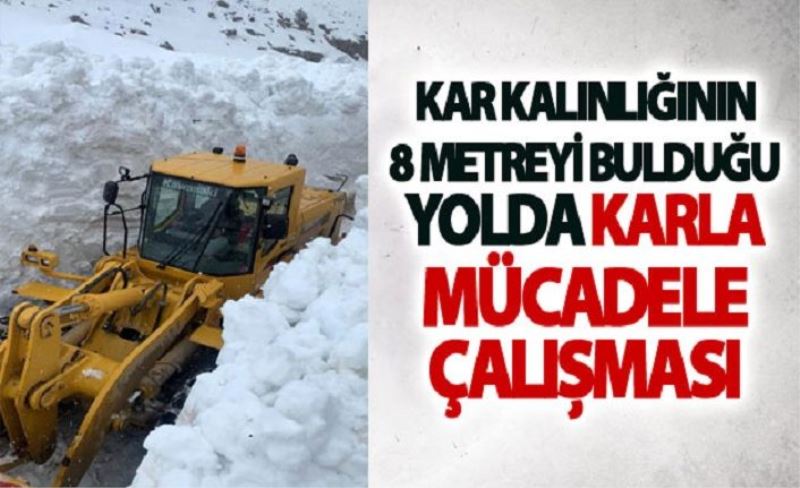 Kar kalınlığının 8 metreyi bulduğu yolda karla mücadele çalışması