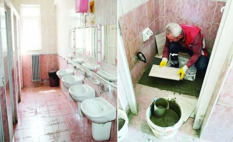Edremit’te tehlike saçan okul lavaboları baştan sona yenilendi
