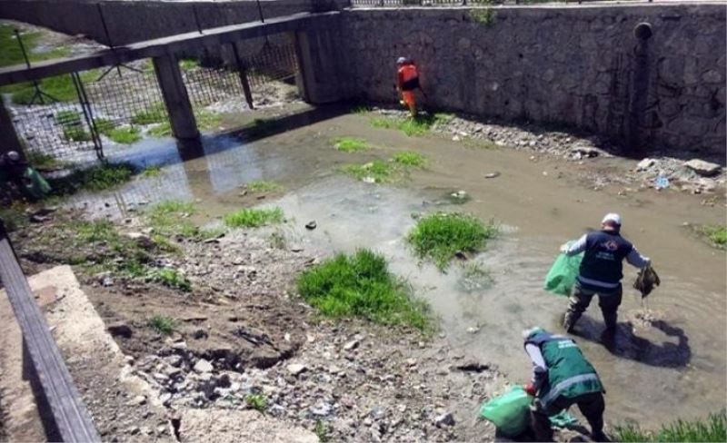 Van'da kirletilen derelerde temizlik çalışması...